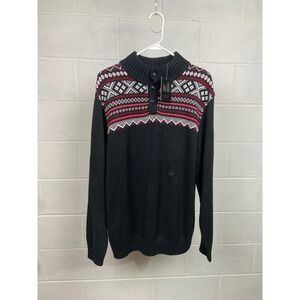 NWT Chaps Fair Isle Sweater Pullover 1/4 Button Up Mock Neck Black‎ Red White L